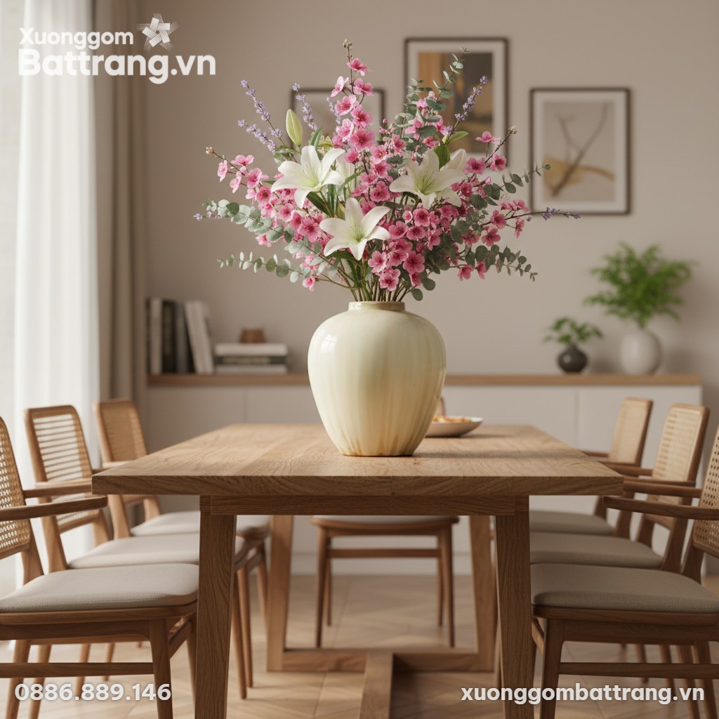 Bình hoa gốm Bát Tràng men hoả biến vàng ngà (c...