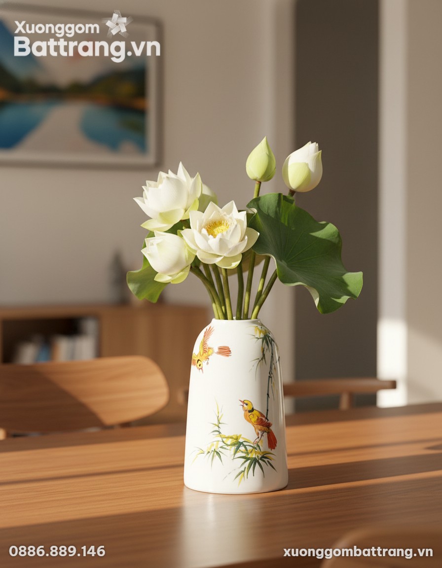cận cảnh Bình hoa sứ Bát Tràng dáng chuông đặt ...