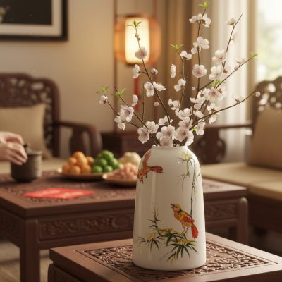 Bình hoa sứ Bát Tràng vẽ chim trĩ và trúc đặt t...