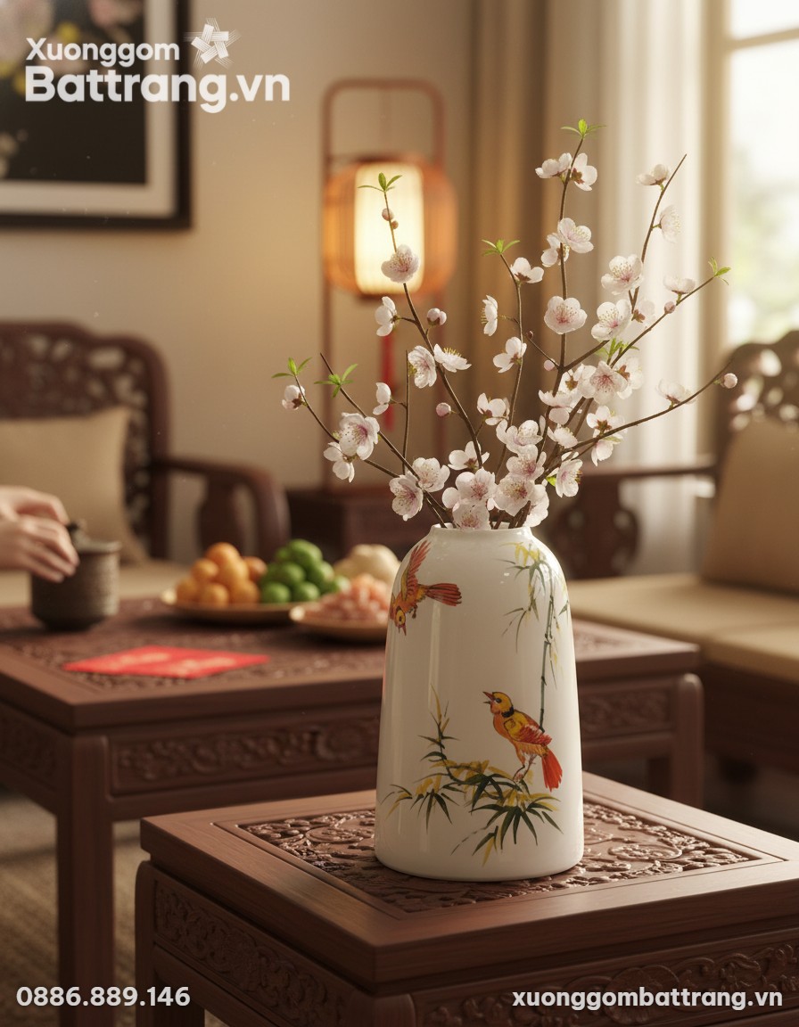 Bình hoa sứ Bát Tràng vẽ chim trĩ và trúc đặt t...