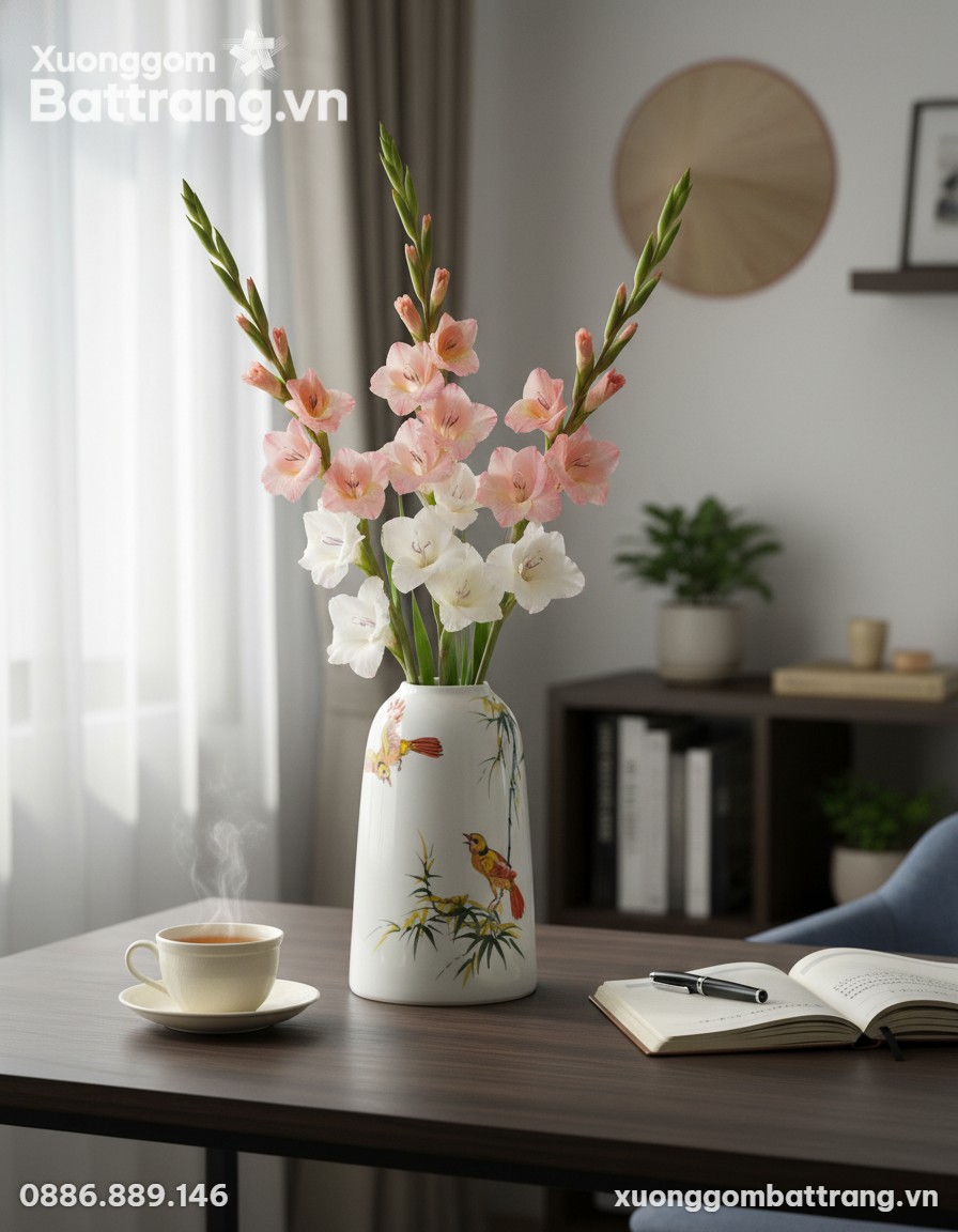 Một bình hoa Bát Tràng dáng chuông trang nhã cắ...