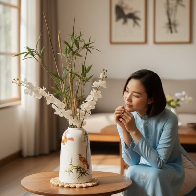 Một người phụ nữ trong trang phục áo dài cách t...