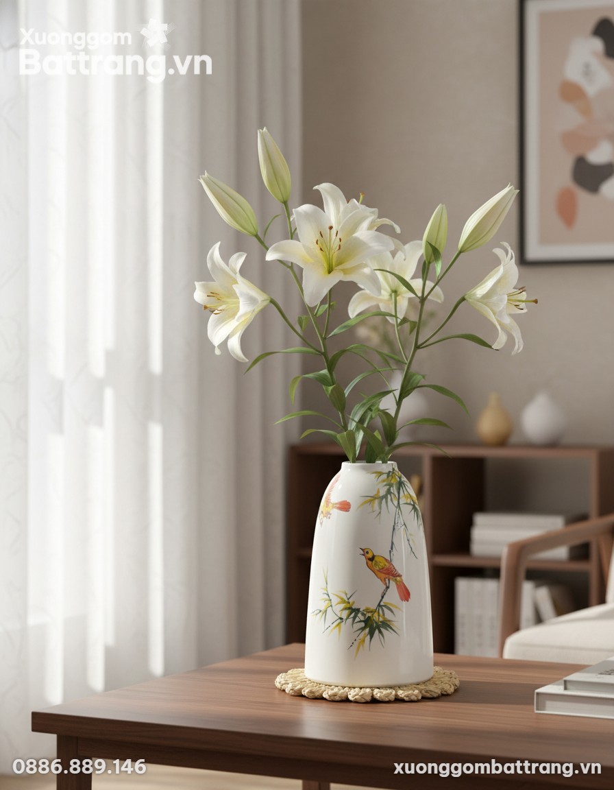 Phòng khách hiện đại Việt Nam với bình hoa dáng...