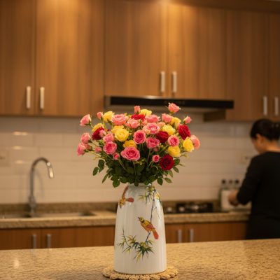 Bình hoa dáng chuông Bát Tràng nổi bật trên bàn...