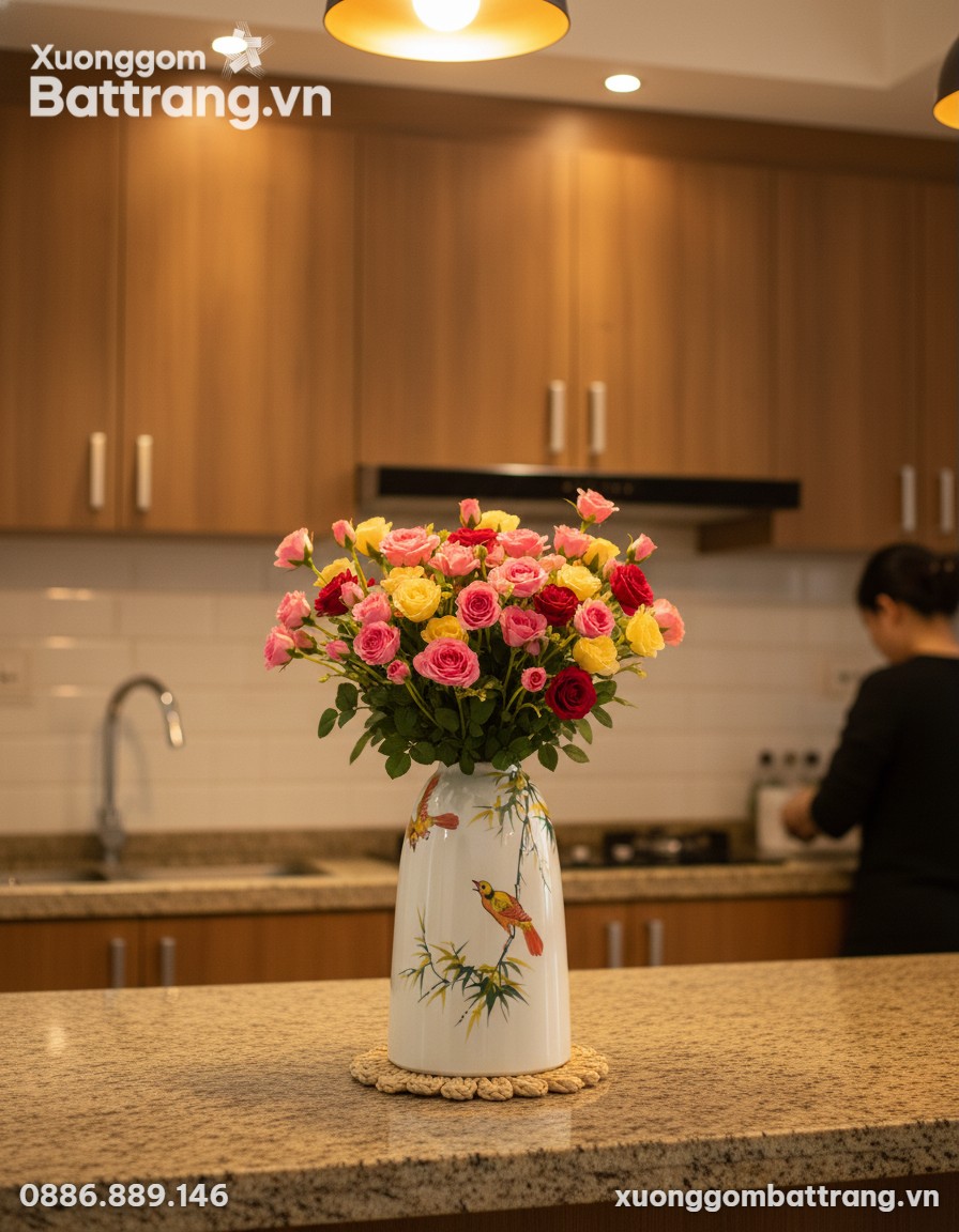 Bình hoa dáng chuông Bát Tràng đặt nổi bật trên...