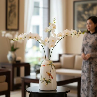 Cận cảnh bình hoa gốm Bát Tràng họa tiết chim t...