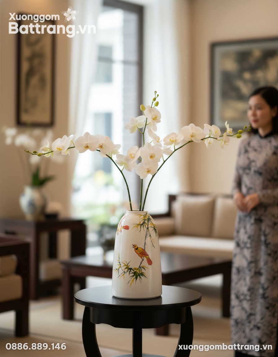 Cận cảnh bình hoa gốm Bát Tràng họa tiết chim t...