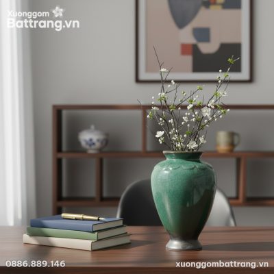 Bình hoa men hỏa biến xanh ngọc bích nổi bật tr...