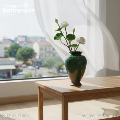 Một bình hoa men hỏa biến xanh ngọc đặt tinh tế...