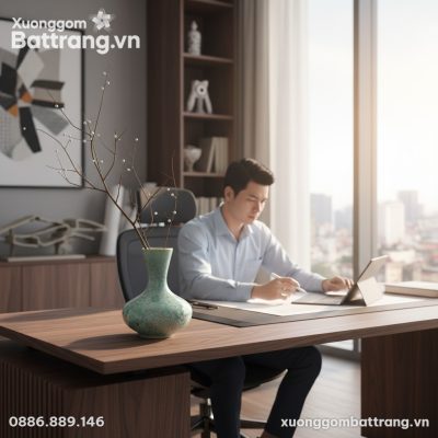 Bình hoa gốm Bát Tràng men hỏa biến xanh ngọc (...