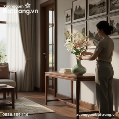 Bình hoa gốm Bát Tràng men hỏa biến xanh ngọc (...