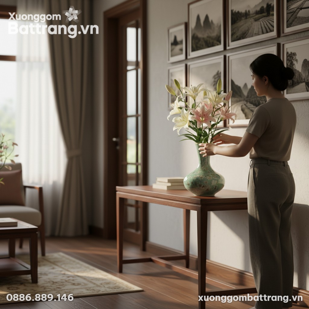 Bình hoa gốm Bát Tràng men hỏa biến xanh ngọc (...