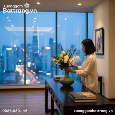 Bình hoa gốm Bát Tràng men hỏa biến xanh ngọc (...