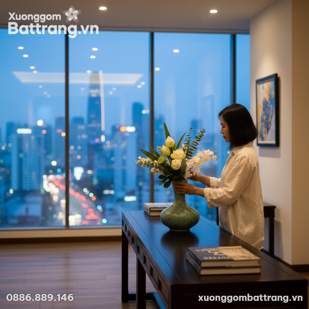 Bình hoa gốm Bát Tràng men hỏa biến xanh ngọc (...