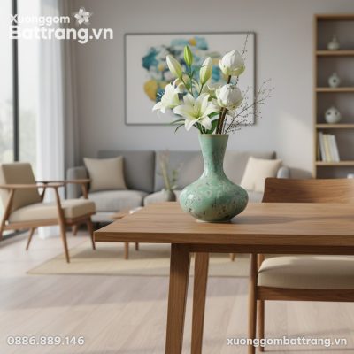 Bình hoa gốm Bát Tràng men hỏa biến xanh ngọc (...