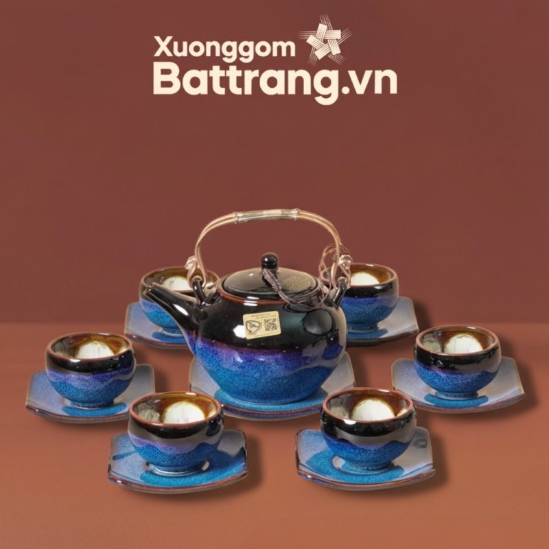 Bộ ấm chén men hỏa biến xanh đen dáng bưởi