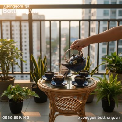 Bộ ấm chén Bát Tràng men hỏa biến xanh đen được...