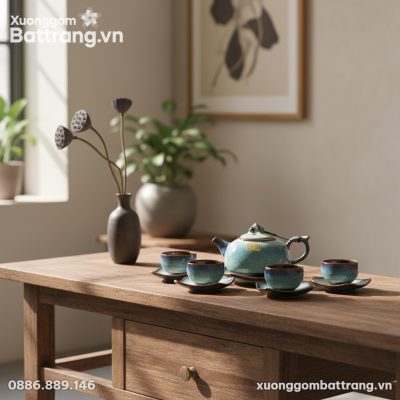 Góc chụp toàn cảnh bộ ấm chén men hỏa biến tinh...