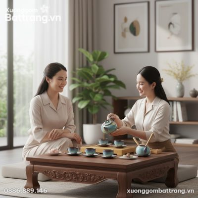 Bộ ấm chén men hỏa biến trang trọng trên bàn tr...