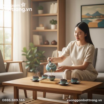 Cảnh cận bộ ấm chén Bát Tràng men hỏa biến dáng...