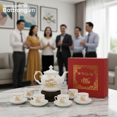Cận cảnh bộ ấm chén sứ Thuận Buồm Xuôi Gió đặt ...