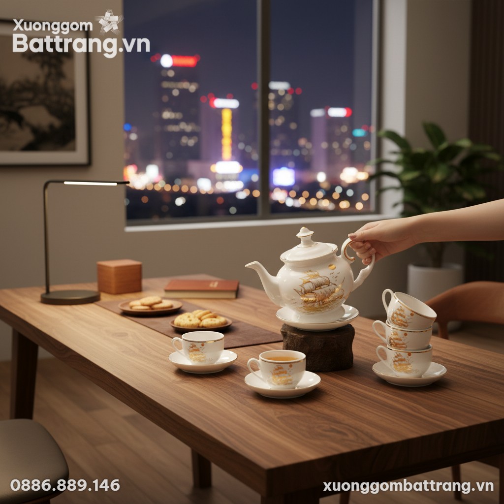 bộ ấm chén sứ Thuận Buồm Xuôi Gió được bày biệ...