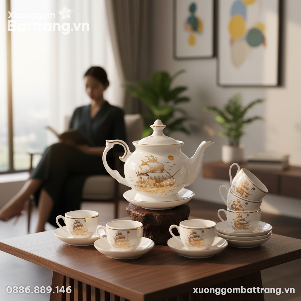 Góc nhìn cận cảnh bộ ấm chén sứ Thuận Buồm Xuôi...