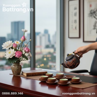 Bộ ấm chén tử sa đắp nổi hoa mẫu đơn được đặt t...