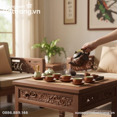 Bộ ấm chén tử sa hoa mẫu đơn được bày trí trang...