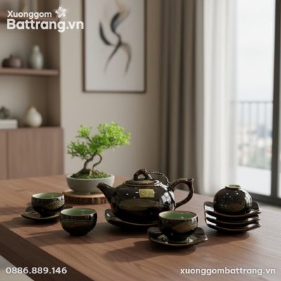 Bộ ấm trà men hỏa biến cá koi được trưng bày tr...