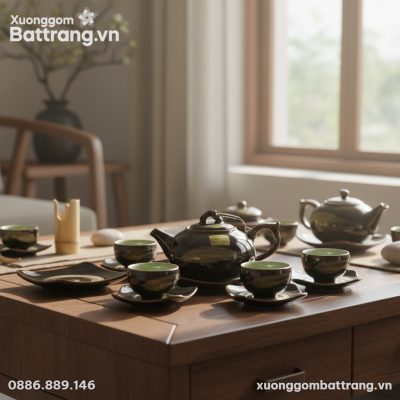 Cận cảnh bộ ấm trà men hỏa biến cá koi trên bàn...