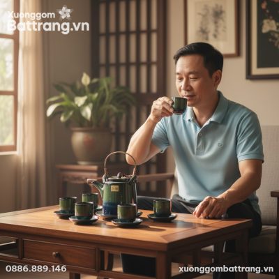 Bộ Trà Bát Tràng Men Hỏa Biến Xanh Rêu Quai Đồn...