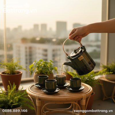 Bộ Trà Bát Tràng Men Hỏa Biến Xanh Rêu Quai Đồn...