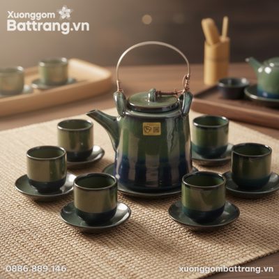 Cận cảnh ấm trà và chén trà Bộ Trà Bát Tràng Me...