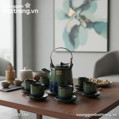 cận cảnh Bộ Trà Bát Tràng Men Hỏa Biến Xanh Rêu...