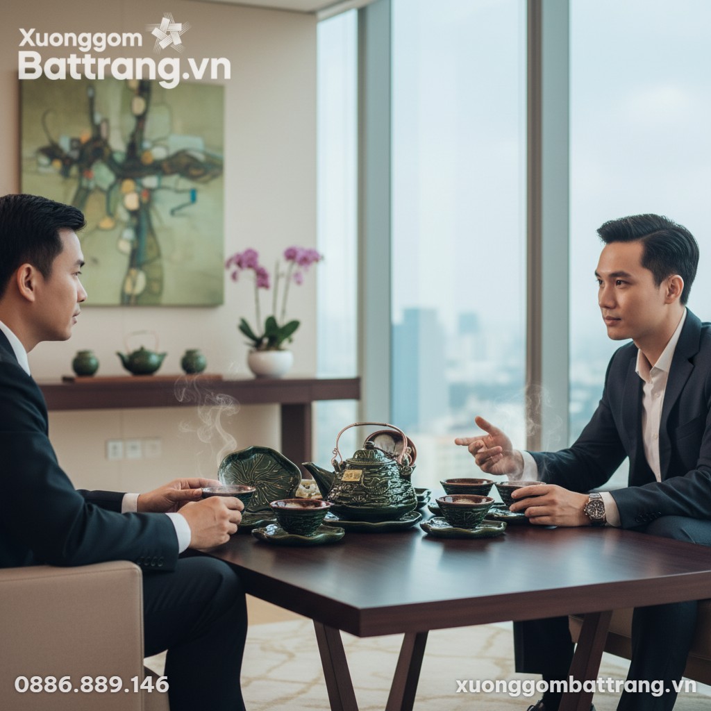 Bộ trà gốm sứ Bát Tràng men hỏa biến được trưng...