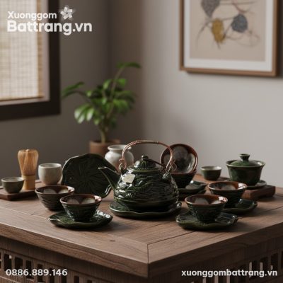 Cận cảnh ấm trà dáng giỏ cá quai đồng và chén t...