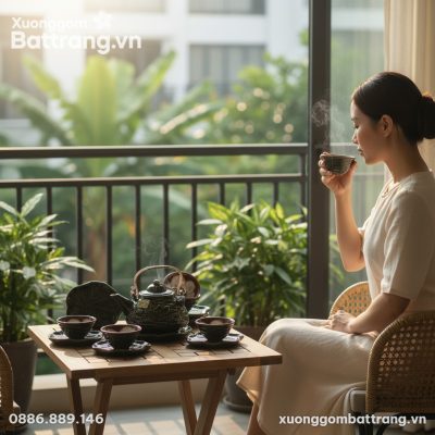 Bộ trà men hỏa biến đặt trên bàn gỗ nhỏ tại ban...