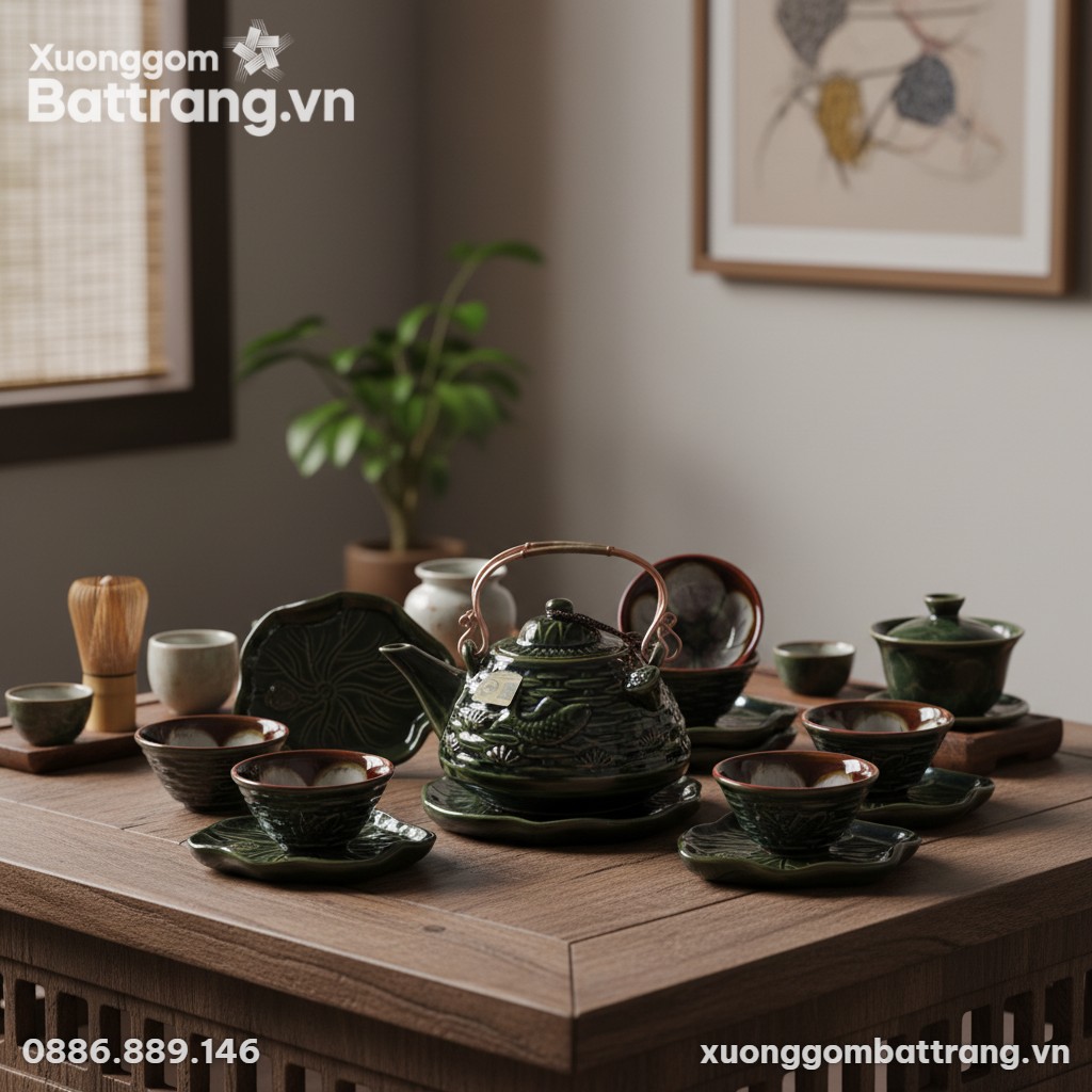 Cận cảnh ấm trà dáng giỏ cá quai đồng và chén t...