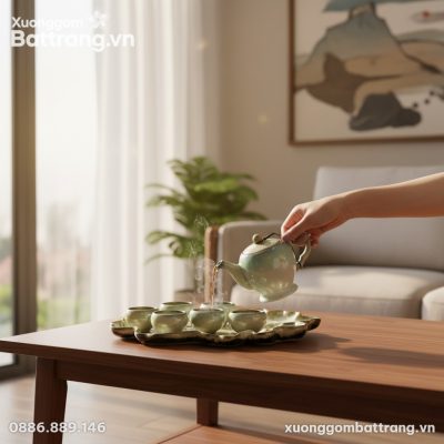 Bộ trà Bát Tràng men ngọc hỏa biến trên khay lá...