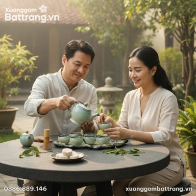 Bộ trà Bát Tràng men ngọc hỏa biến trên khay lá...