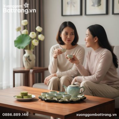 cận cảnh Bộ trà Bát Tràng men ngọc hỏa biến trê...