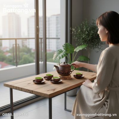 Bộ ấm trà Tử Sa Bát Tràng vẽ hoa đào đặt trên b...