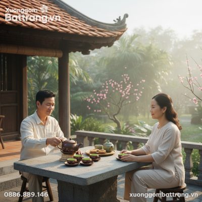 Bộ ấm trà Tử Sa Bát Tràng vẽ hoa đào bày biện t...