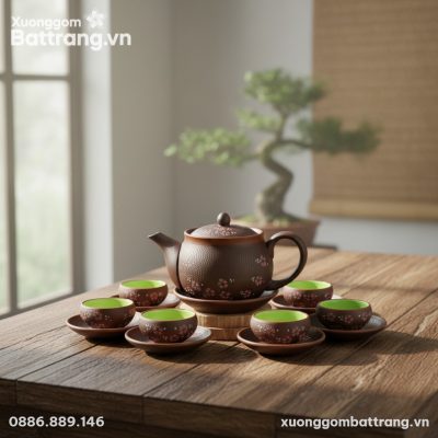 Cận cảnh bộ ấm trà Tử Sa Bát Tràng vẽ hoa đào b...