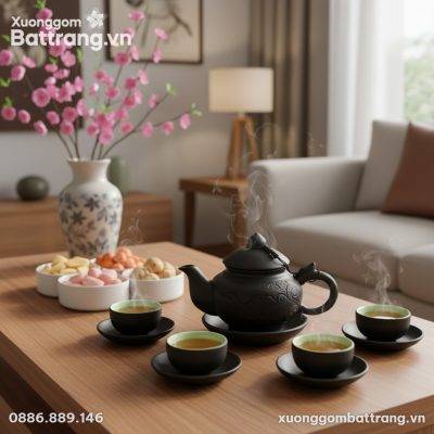 Bộ ấm chén đặt trên bàn tiếp khách ngày tết bên...