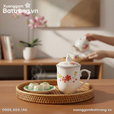 Một chiếc cốc sứ hoa đào 10cm trên bàn làm việc...