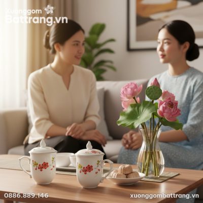 Cốc sứ hoa đào 10cm trên bàn cà phê gỗ nhỏ ngoà...