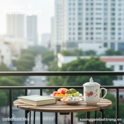 Cốc sứ hoa đào 10cm trên bàn cà phê gỗ nhỏ ngoà...