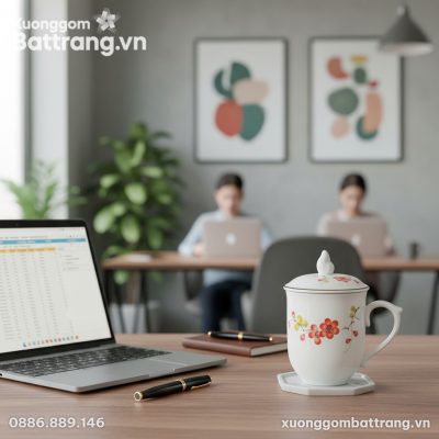 Một chiếc cốc sứ hoa đào 10cm trên bàn làm việc...